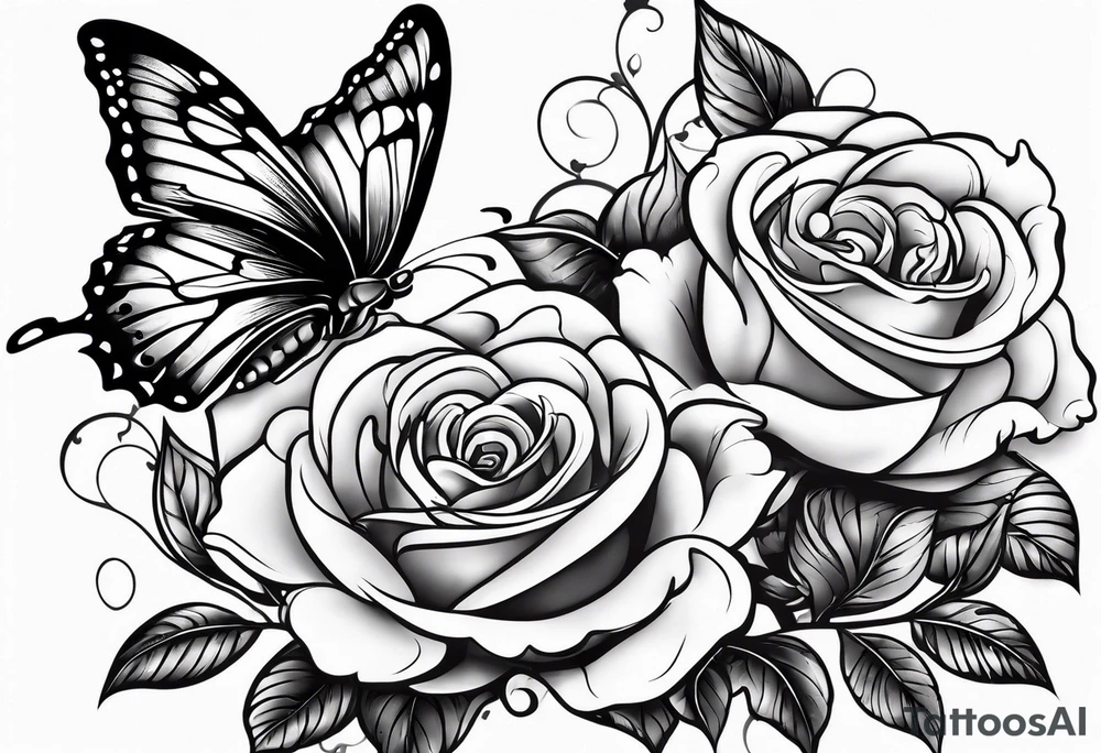 Butterfly flying with roses & filligree tattoo idea