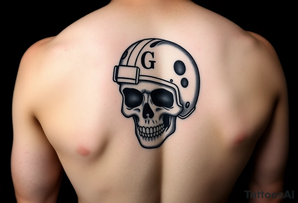 Skull wearing football helmet with initials GG tattoo idea