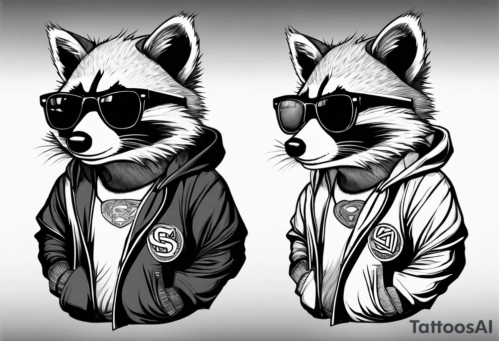raccoon wearing a Superman hoodie tattoo idea