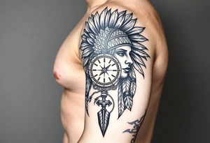 headdress a compass and a clock and arrowhead tattoo idea