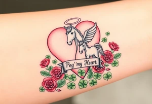 a big pale pink heart and a mare with wings and a halo and a colt in a huge patch of green shamrocks, and red roses with a banner across the heart that says Peg 'o My Heart tattoo idea