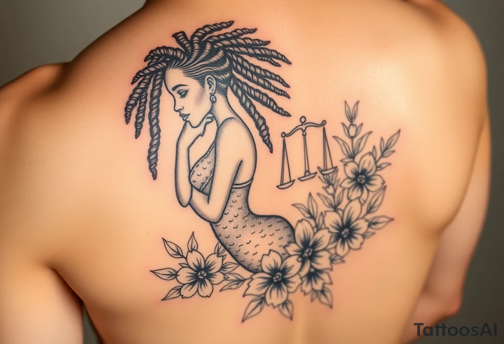 Mermaid, black woman, garden, and flowers, libra, hairstyle of loc include libra symbol tattoo idea