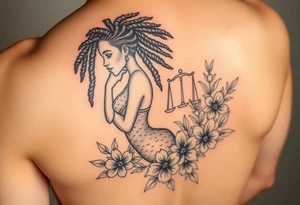 Mermaid, black woman, garden, and flowers, libra, hairstyle of loc include libra symbol tattoo idea