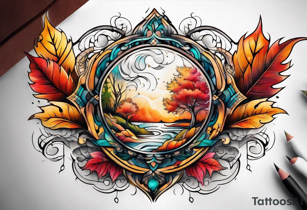 Knee tattoo in fall colors with water flow washes tattoo idea