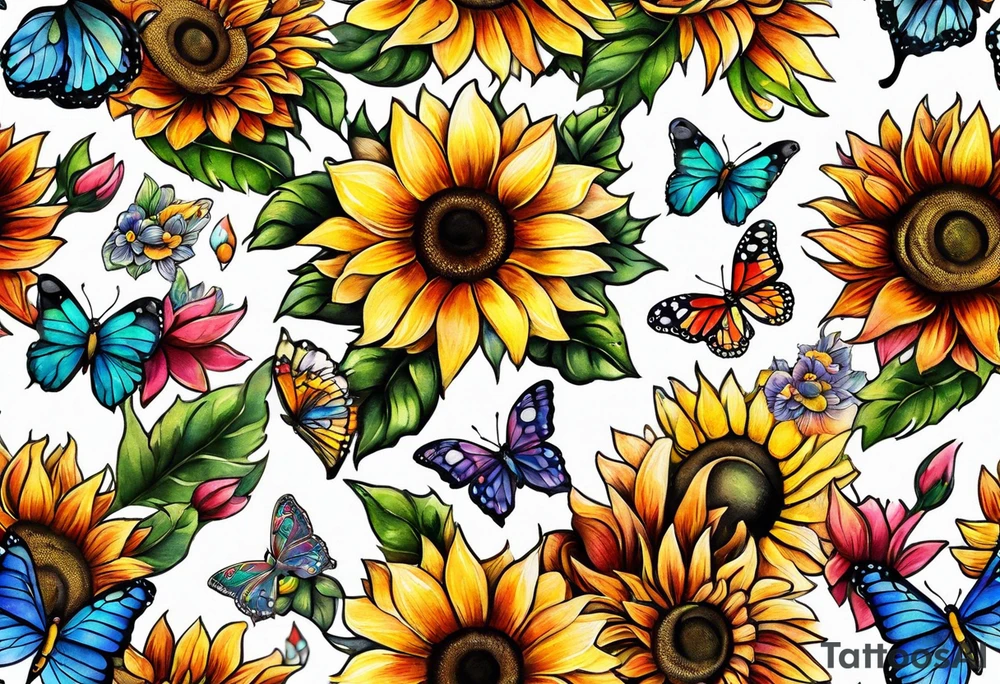 Memorial arm sleeve for mom with rainbow sunflowers and butterflies tattoo idea