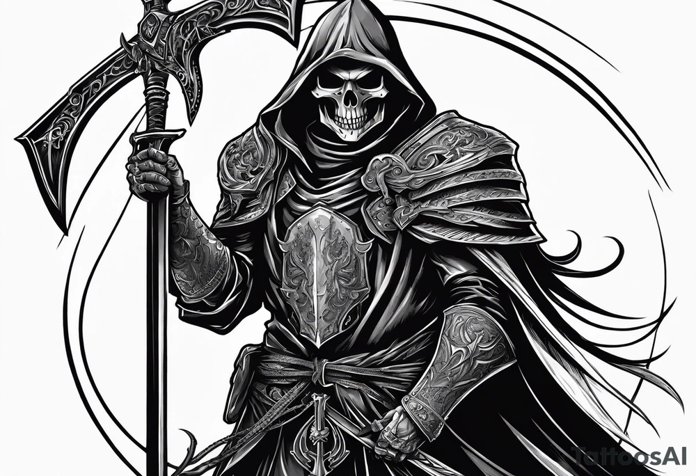 warlock holding a scythe with a skeletal knight tattoo idea