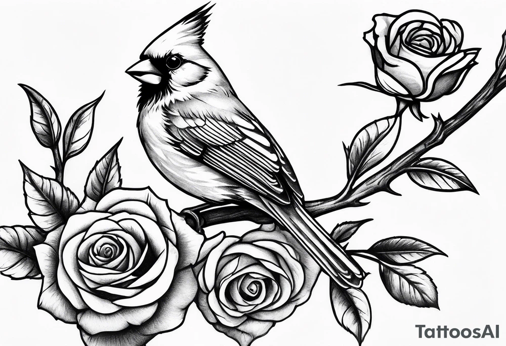 Masculine, cardinal on branch, roses, realistic, upper arm, black and white tattoo idea