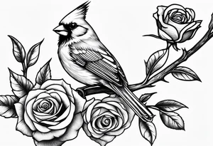Masculine, cardinal on branch, roses, realistic, upper arm, black and white tattoo idea