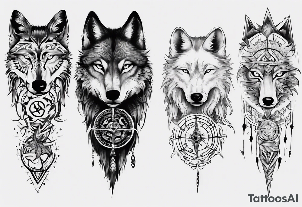 want a half sleeve on my left forearm featuring a side profile of wolf with a vegvisir for its eye, surrounded by Māori patterns tattoo idea
