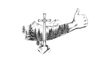 russian orthodox cross in a light forrest mountainous setting tattoo idea
