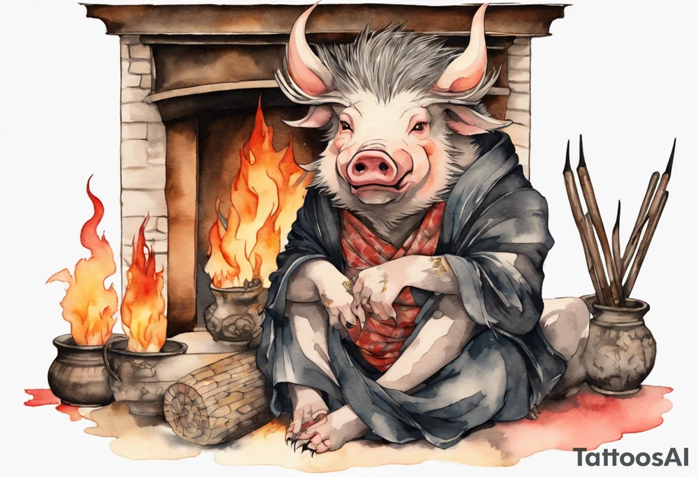 an boar with tusks sitting by a fireplace tattoo idea