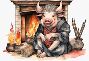 an boar with tusks sitting by a fireplace tattoo idea