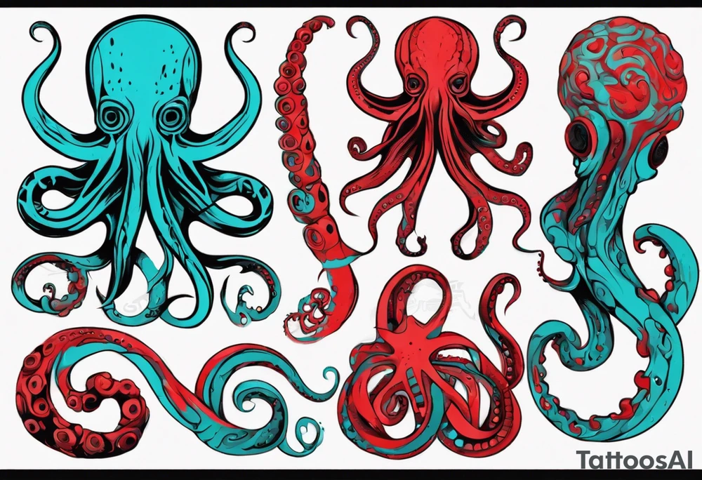 an art in the style of abstract, lovecraft, octopus, textured pigment planes, red and cyan, stencil art tattoo idea