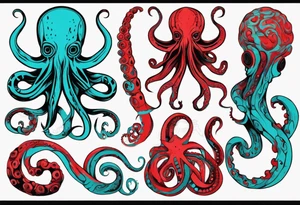 an art in the style of abstract, lovecraft, octopus, textured pigment planes, red and cyan, stencil art tattoo idea