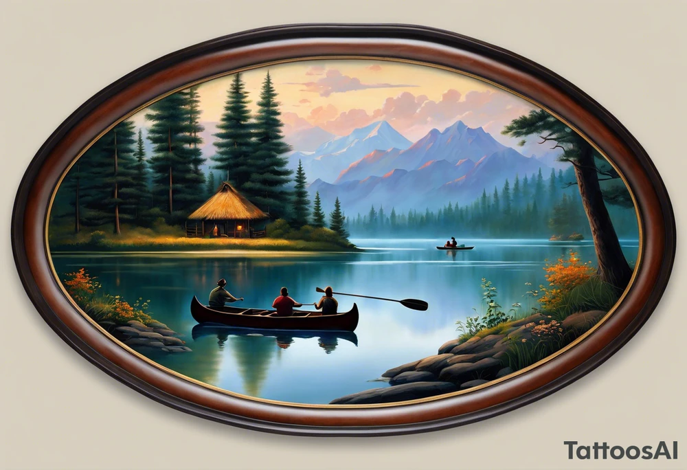 The tattoo design depicts a serene nature scene, framed within a semi-circular border. In the foreground, there are two people sitting in a canoe on a calm lake. They are paddling towards the horizon, with one person sitting at the back of the canoe and the other at the front. The back view of the people suggests a peaceful and contemplative moment shared between them.

In the background, there are majestic mountains with peaks covered in snow, creating a dramatic and picturesque landscape. The mountains are flanked by tall pine trees on either side, adding to the wilderness feel of the scene. Above the mountains, a large sun is either rising or setting, casting a tranquil glow over the entire scene. Birds are flying in the sky, adding to the sense of freedom and natural beauty.

The entire scene is rendered in a minimalist, black and white, line-drawing style, giving it a clean and elegant appearance. The semi-circular frame around the design focuses attention on the central elements and adds a sense of completeness to the image. black and white tattoo idea