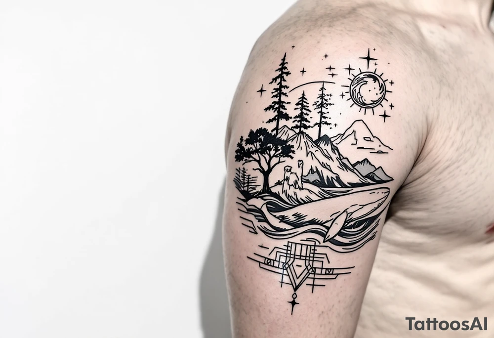 Fine line powerful ocean half sleeve with a wave, a whale, a Joshua tree, and a dog as separate elements connected by geometric patterns tattoo idea