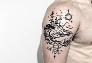 Fine line powerful ocean half sleeve with a wave, a whale, a Joshua tree, and a dog as separate elements connected by geometric patterns tattoo idea