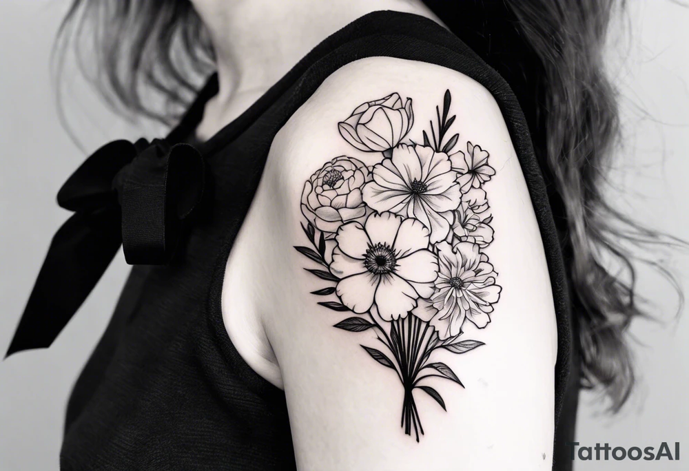 small minimal black and white tattoo of a flower bouquet that MUST include 6 DIFFERENT flowers with ONE OF EACH: a carnation, a daffodil, a lily stock, a rose, a cosmos, and a chrysanthemum. tied together with a small bow tattoo idea