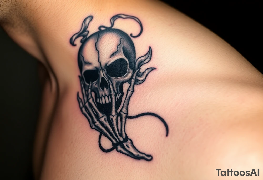 A skeletal hand holding a cracked Death Eater mask, with mist swirling around it, symbolizing secrecy and power tattoo idea