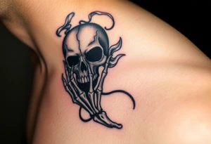 A skeletal hand holding a cracked Death Eater mask, with mist swirling around it, symbolizing secrecy and power tattoo idea