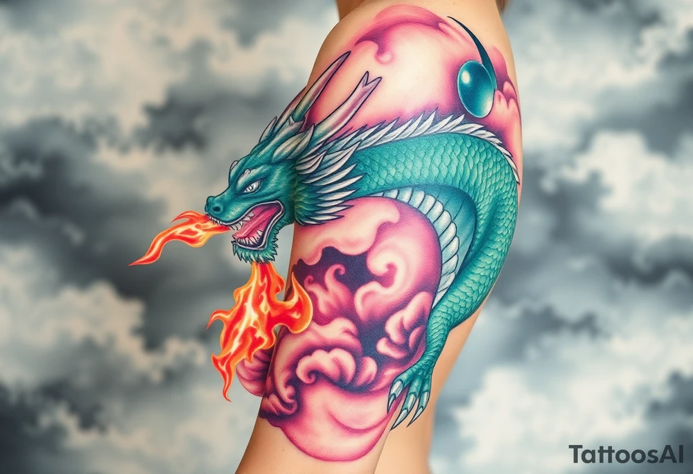 fierce dragon breathing iridescent fire against stormy skies green teal pink tattoo idea