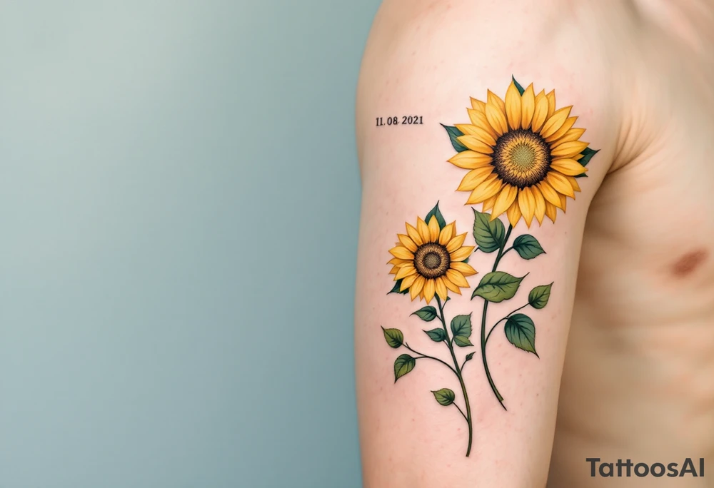 Barbora 11. 08. 2021) – Soft yellow sunflowers blooming around Barbora’s birthdate, with green vines and a light blue sky background. tattoo idea