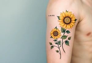 Barbora 11. 08. 2021) – Soft yellow sunflowers blooming around Barbora’s birthdate, with green vines and a light blue sky background. tattoo idea