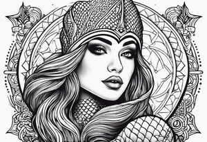 A mermaid wearing a balaclava in screen print style tattoo idea