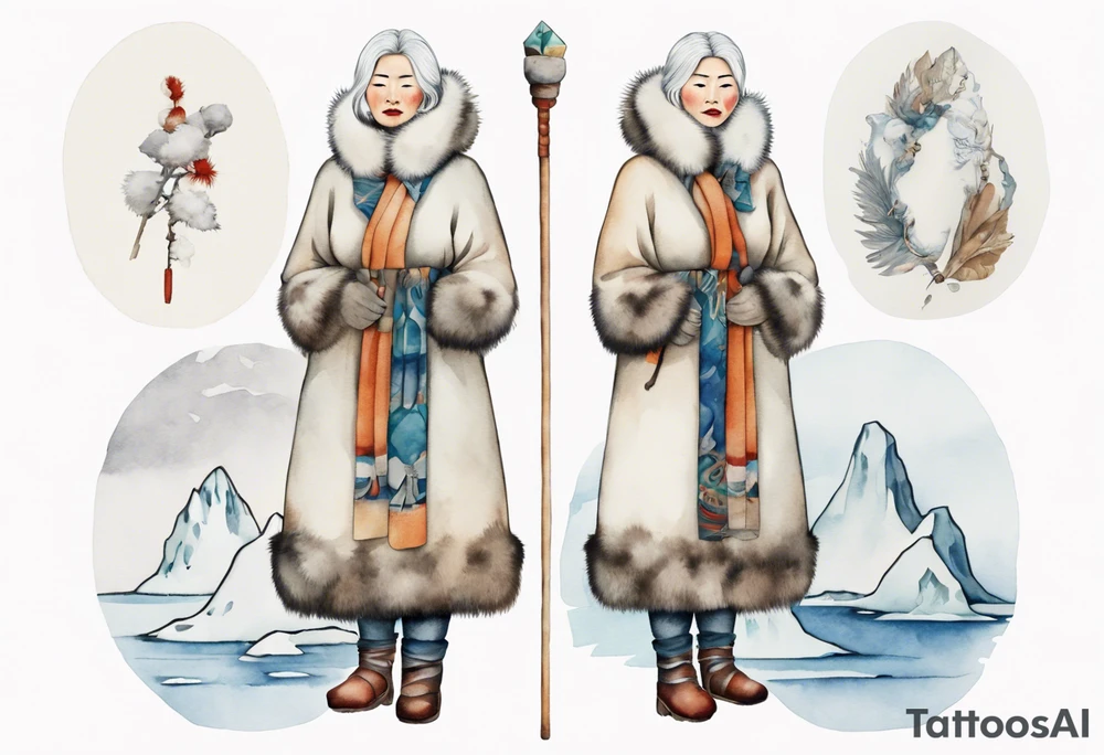 a middle aged Inuit woman with white hair, wearing fur mittens, holding a white staff, wearing mukluks, standing on an iceberg tattoo idea