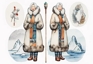 a middle aged Inuit woman with white hair, wearing fur mittens, holding a white staff, wearing mukluks, standing on an iceberg tattoo idea