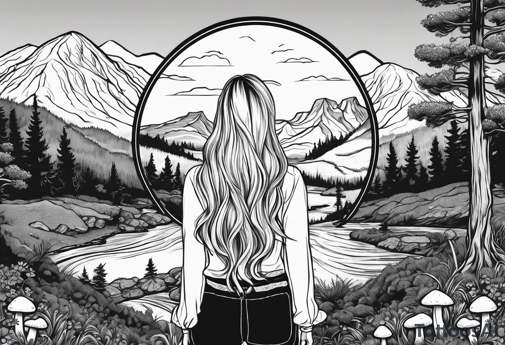 Whole picture encircled fully

Straight long blonde hair hippie girl in distance holding mushrooms in hand facing away toward mountains and creek surrounded by mushrooms long sleeve shirt and hiking pants; whole rendering within a full circle, no cut off circle tattoo idea