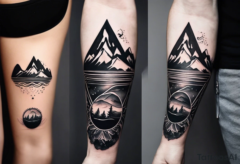 This is a minimalistic tattoo that is split into 2 sections; a top half and a bottom half. The top half is a mountain in Norway with a mountain bike trail winding down the mountain. The bottom half of the tattoo depicts an underwater scene featuring water, and sea life. tattoo idea