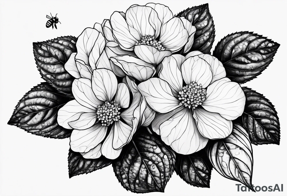 3 in by 2 in minimalist no color tattoo for forearm of a Hydrangea and a very small bee. tattoo idea