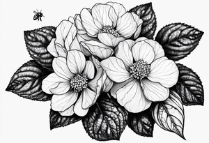3 in by 2 in minimalist no color tattoo for forearm of a Hydrangea and a very small bee. tattoo idea