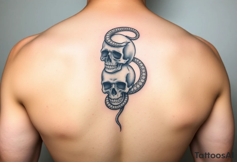 stack of skulls with a serpent wrapping around tattoo idea