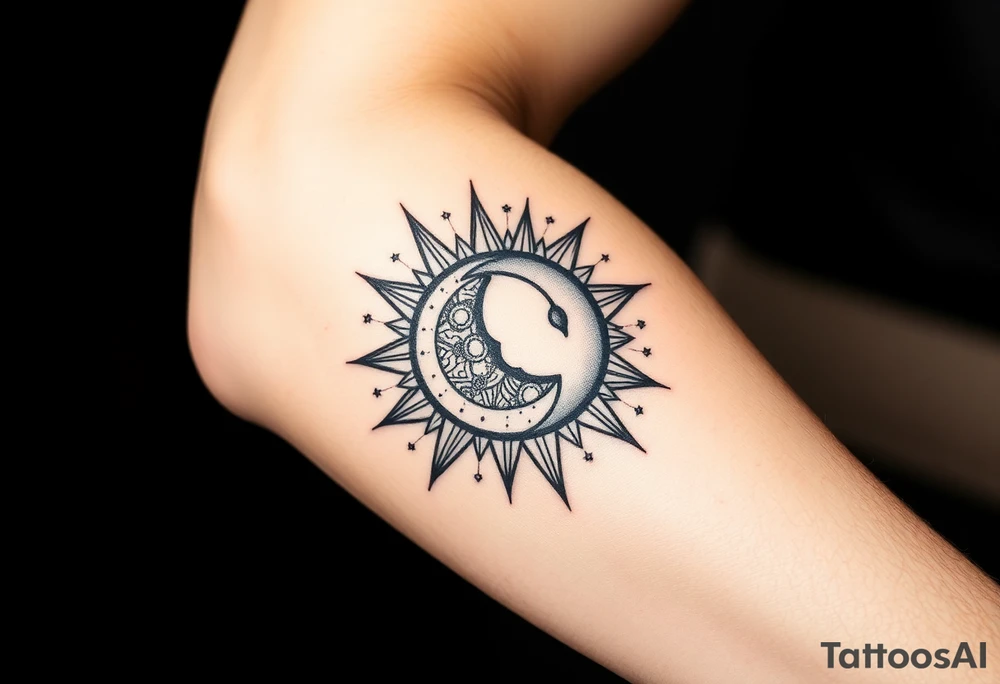 celestial sun and moon embrace with constellation patterns tattoo idea