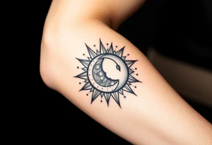 celestial sun and moon embrace with constellation patterns tattoo idea