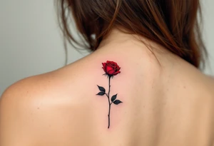 Minimalist single red rose with a thin black stem, no leaves, and clean linework. tattoo idea