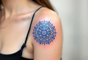 A radiant wheel of dharma (Dharma Chakra) in deep blue and gold, with intricate patterns, symbolizing the path of righteousness. tattoo idea