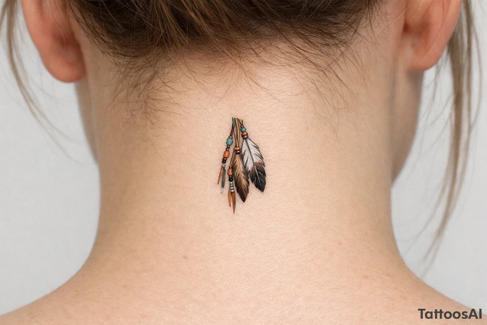 A native American hair piece of feathers on leather strips with beads to be placed on side of my neck as if coming from my hair, for Sioux woman tattoo idea