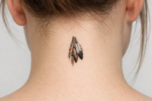 A native American hair piece of feathers on leather strips with beads to be placed on side of my neck as if coming from my hair, for Sioux woman tattoo idea