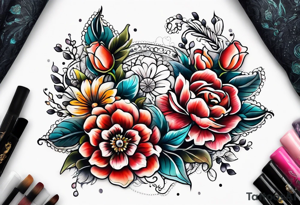 Floral leg piece with beading and lace tattoo idea