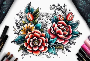 Floral leg piece with beading and lace tattoo idea