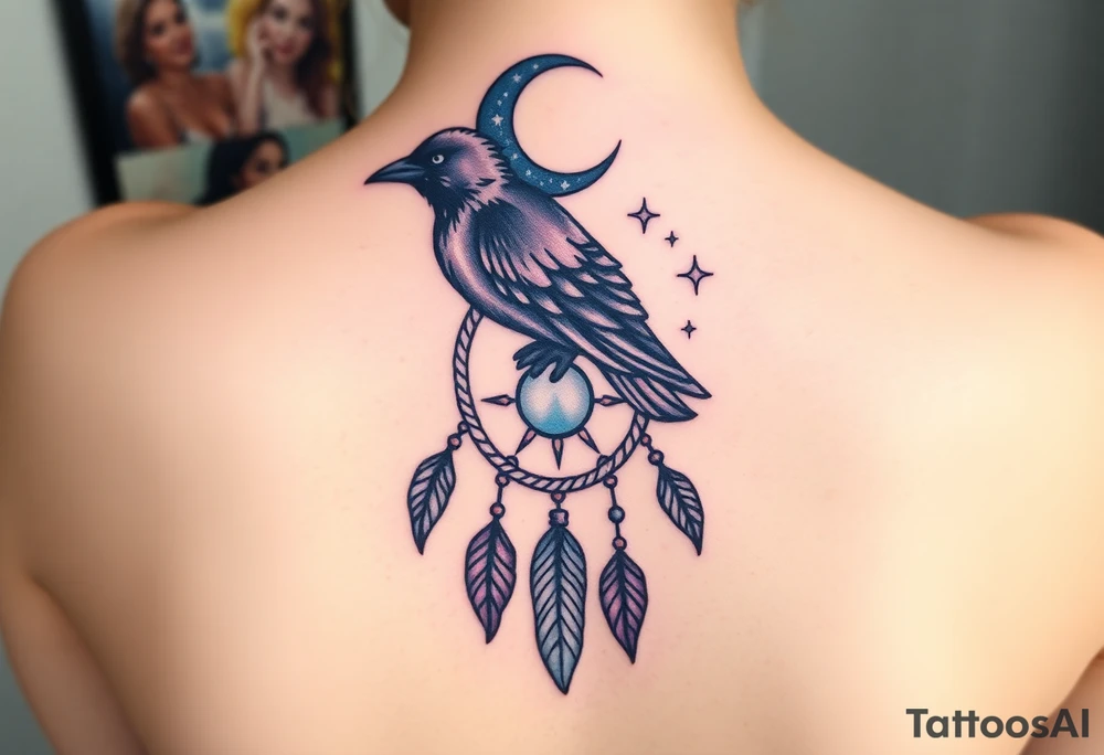 Raven dream catcher milky way moon shooting star tattoo idea