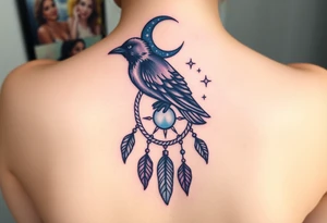 Raven dream catcher milky way moon shooting star tattoo idea