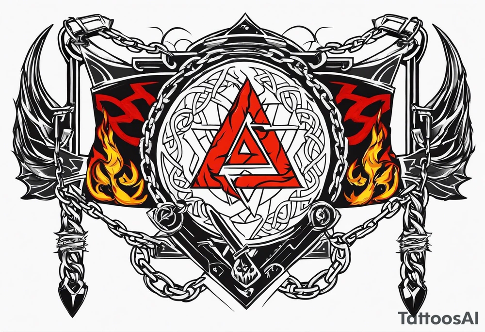 Valhalla sword shield dragon axe Valknut barbed wire chains fire tattoo idea Valhalla sword shield dragon axe Valknut barbed wire chains fire tattoo idea