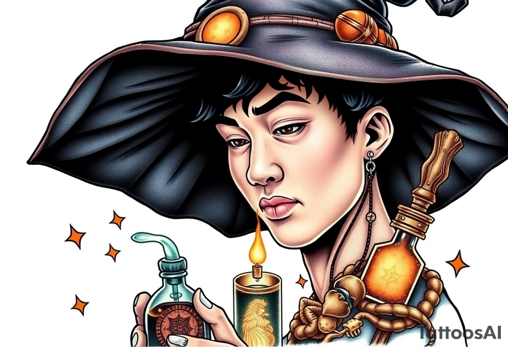 Handsome Asian young adult guy is  accidentally stumbled upon witch tools, supplies, artifacts, potions and exploring it curiously tattoo idea