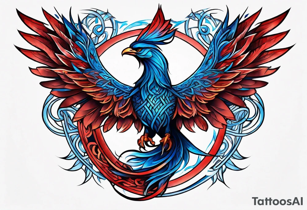 Blue and red Phoenix in a triquetra tattoo idea