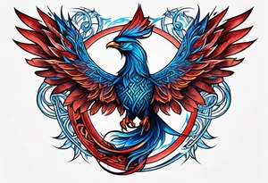 Blue and red Phoenix in a triquetra tattoo idea