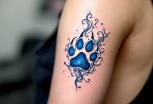 A deep blue and silver Veles’ paw print, surrounded by smoke-like swirls, symbolizing magic, wilderness, and transformation. tattoo idea